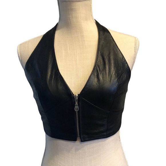 Wilsons Leather Tops - Maxima Wilsons Black Leather Zip Up Halter Top